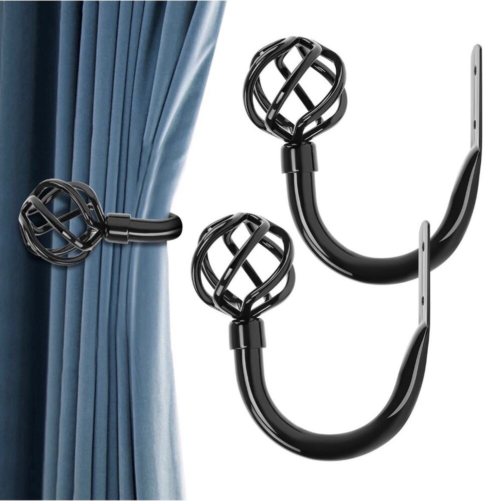 4pcs Piano Black Metal Curtain Tiebacks - High-Gloss Solid Cast Iron Geometri...
